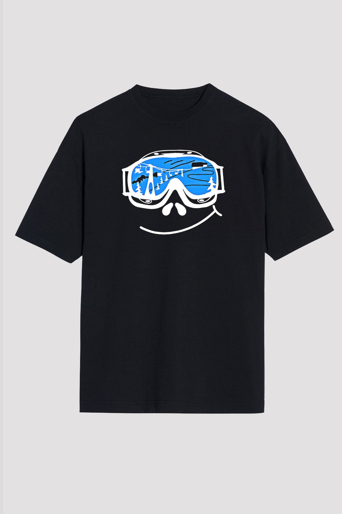 Kayak - Ski Baskılı Unisex Siyah Oversize Tişört