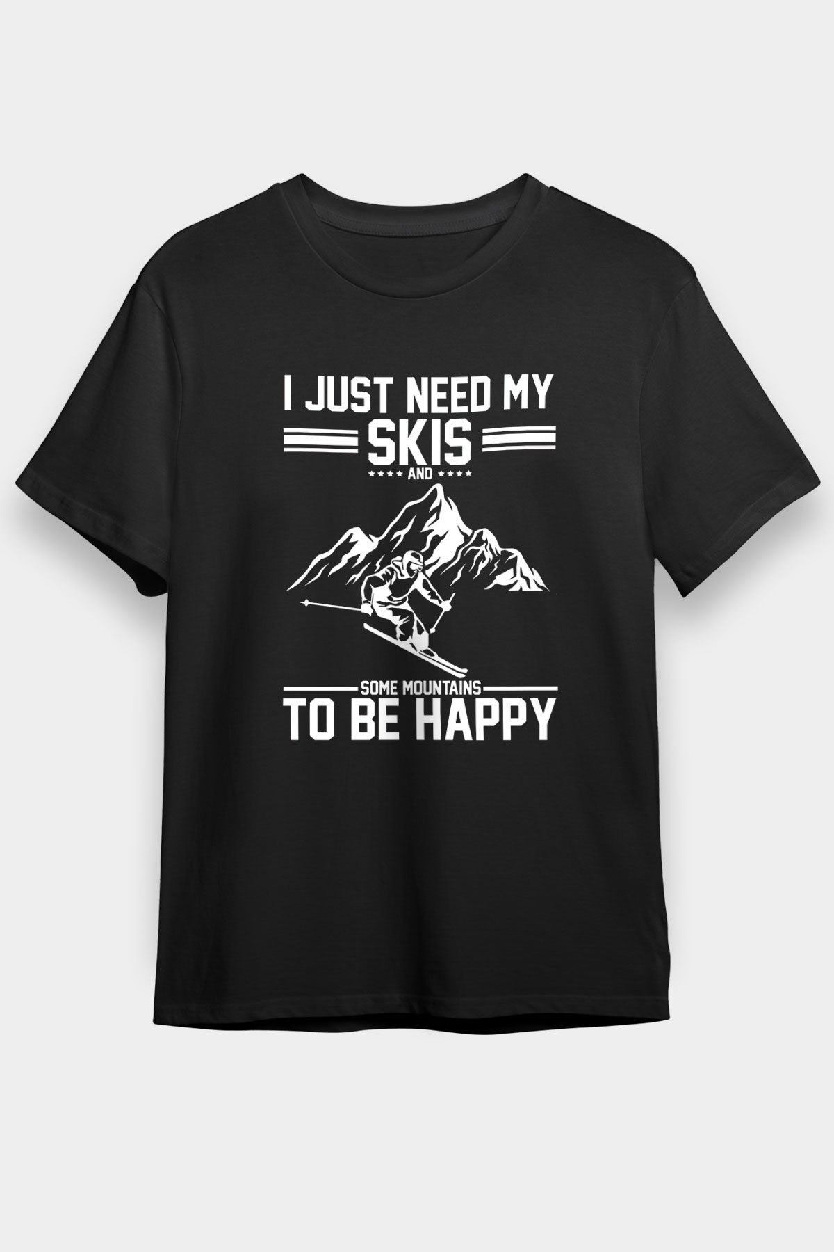Kayak - Ski Baskılı Unisex Siyah Tişört - Tshirt