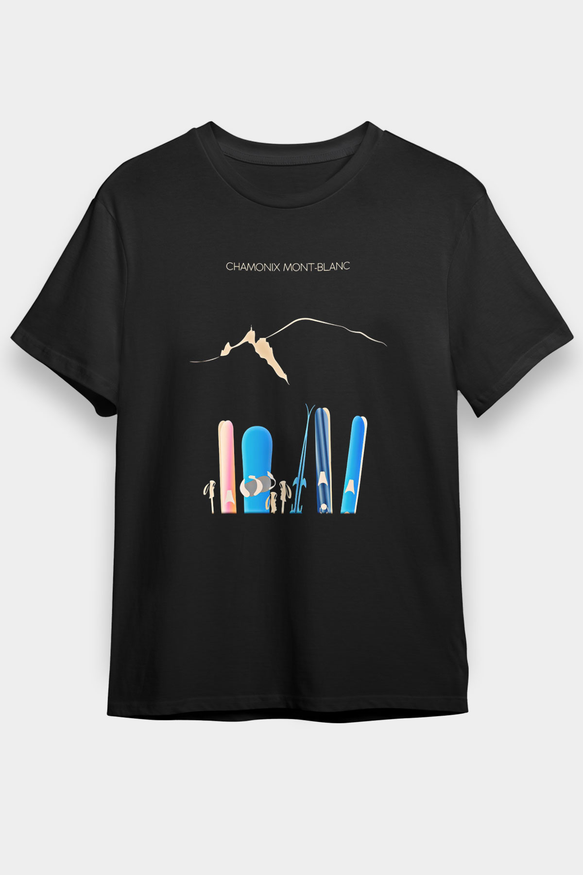 Kayak - Ski Baskılı Unisex Siyah Tişört - Tshirt