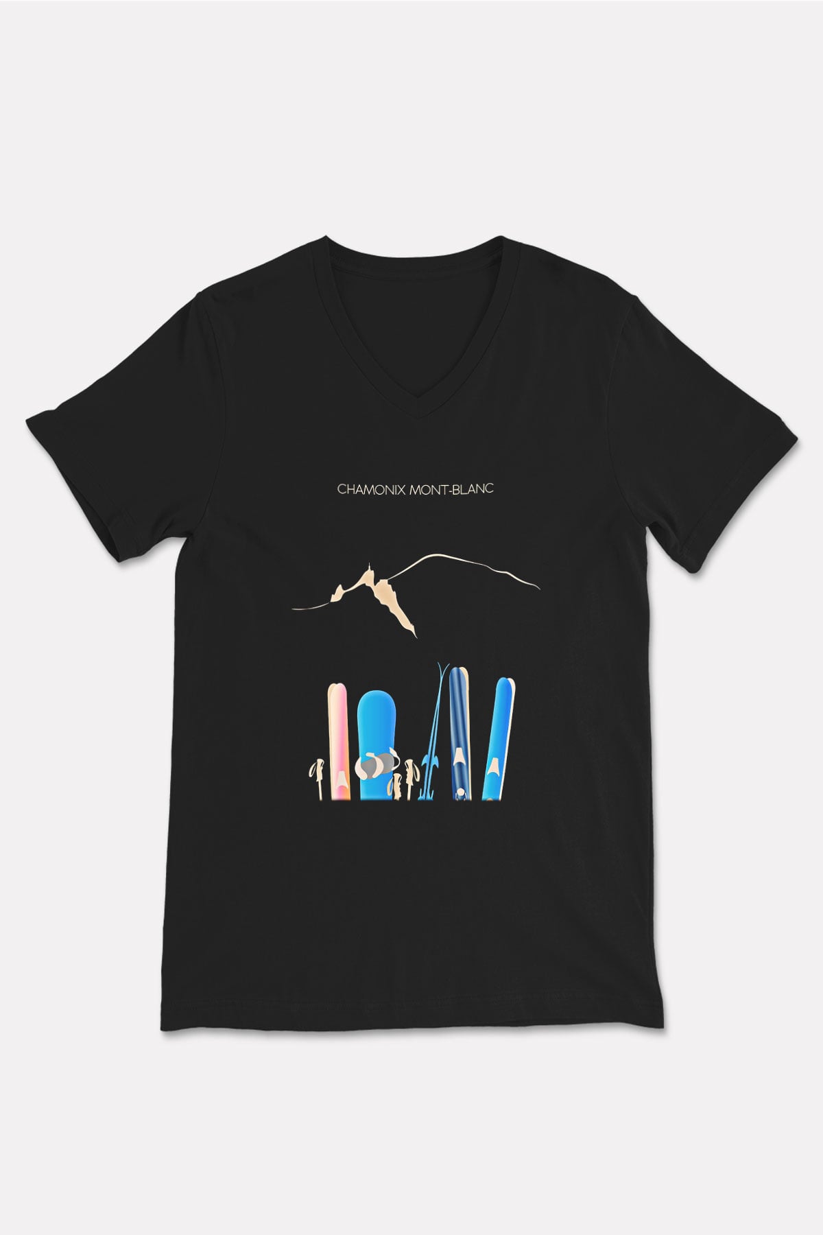 Kayak - Ski Baskılı Unisex Siyah V Yaka Tişört