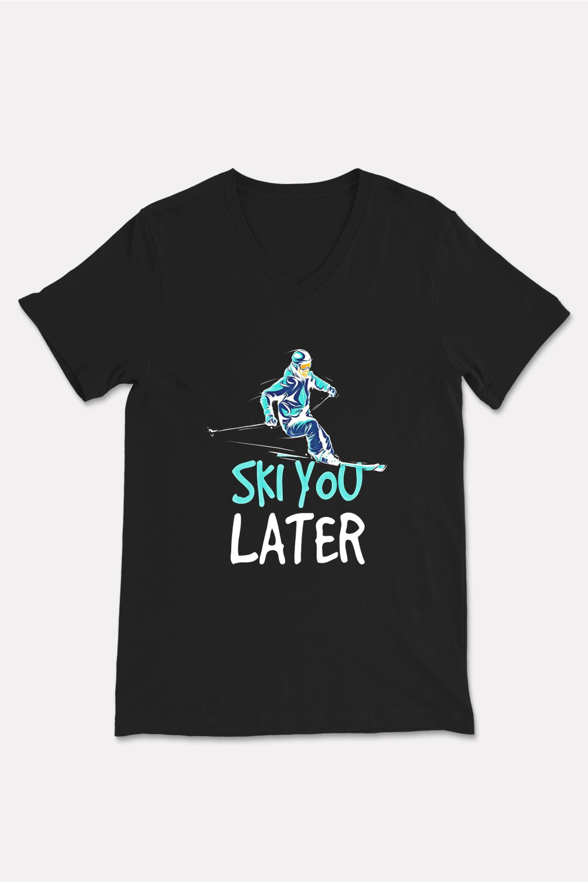 Kayak - Ski Baskılı Unisex Siyah V Yaka Tişört