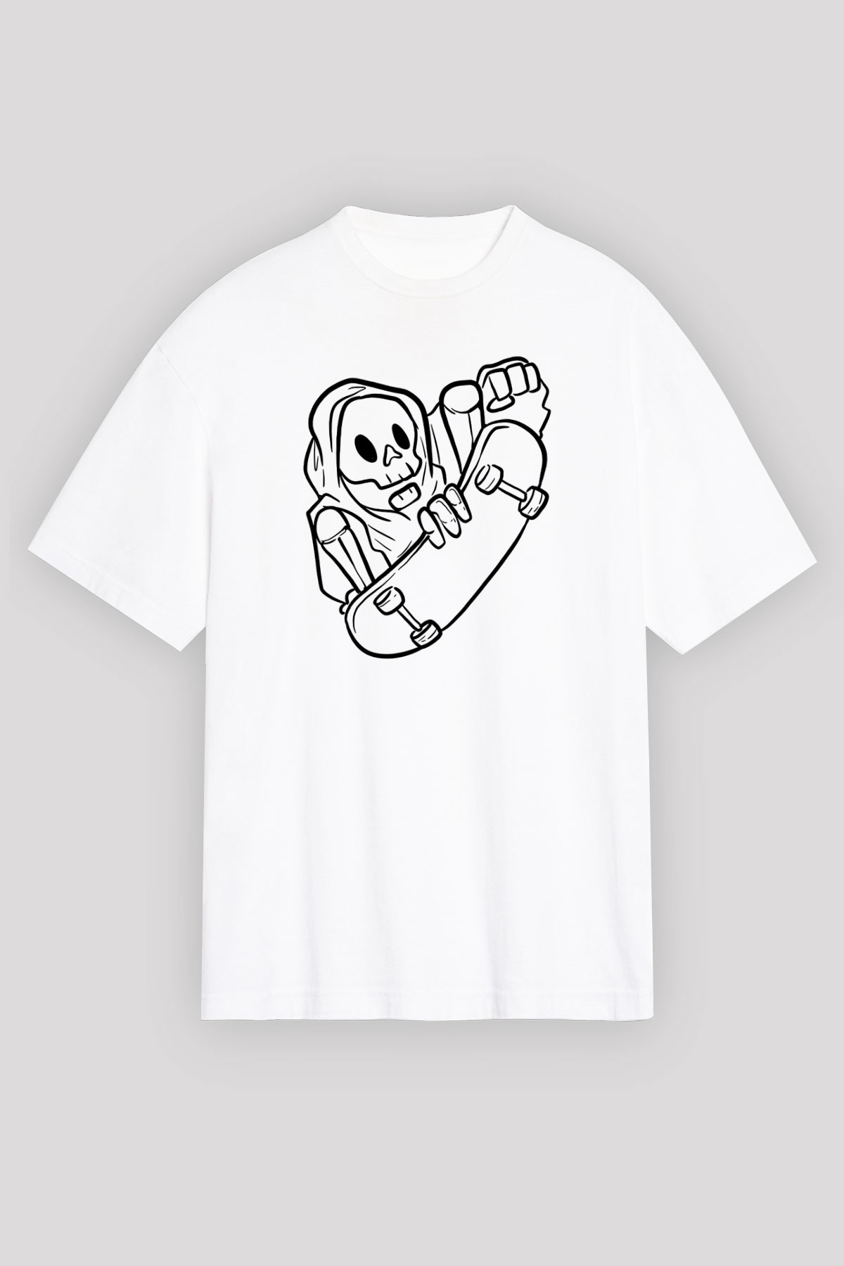 Kaykay Baskılı Unisex Beyaz Oversize Tişört - Tshirt