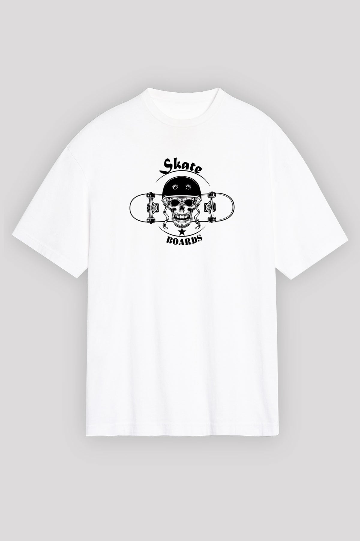 Kaykay Baskılı Unisex Beyaz Oversize Tişört - Tshirt