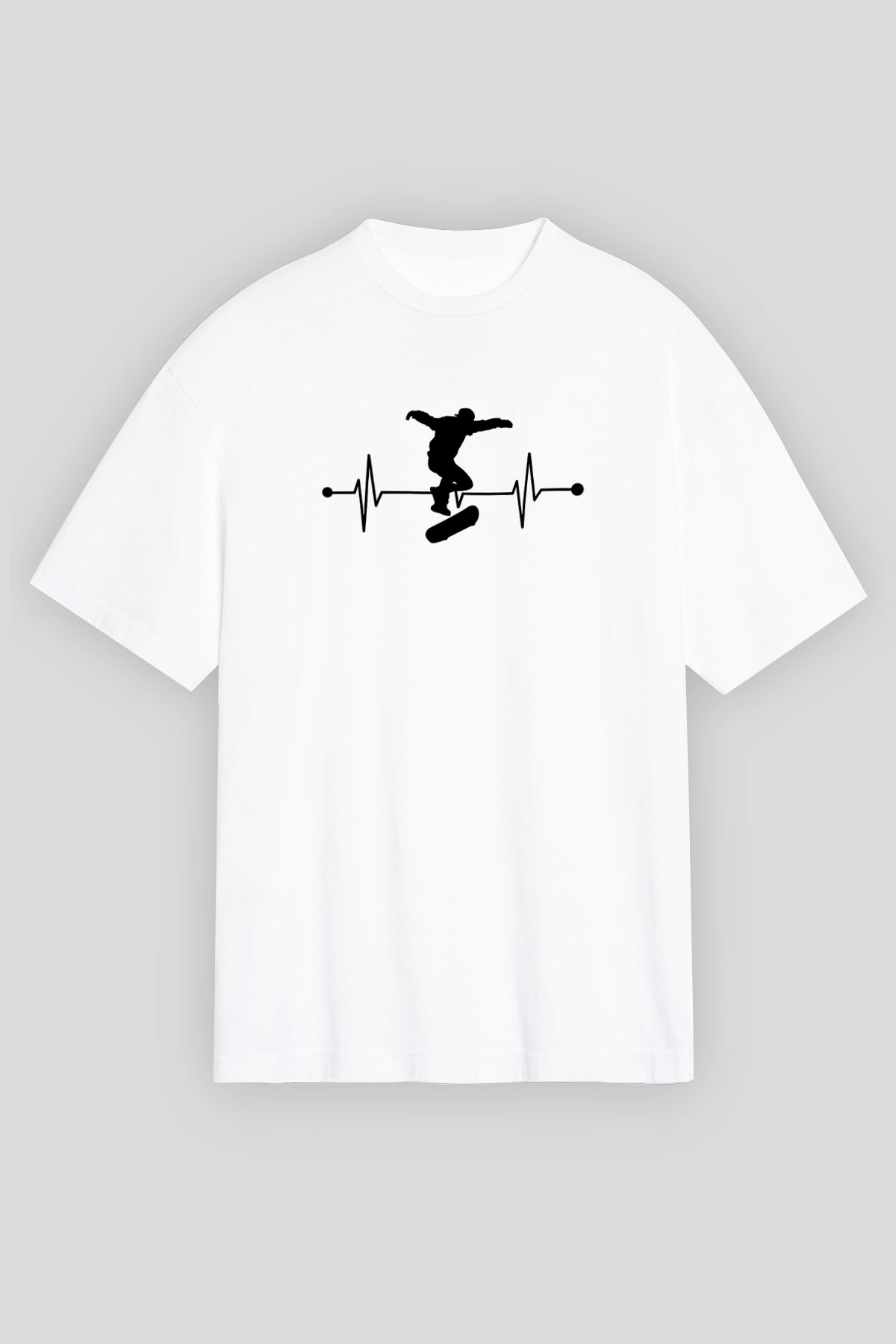 Kaykay Baskılı Unisex Beyaz Oversize Tişört - Tshirt