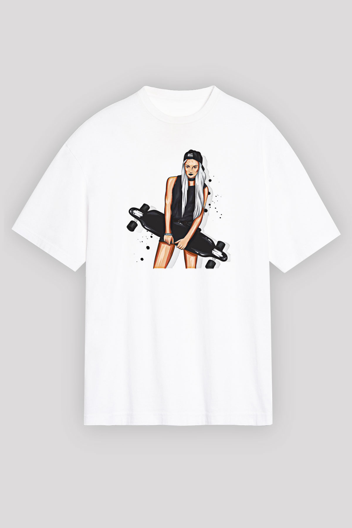 Kaykay Baskılı Unisex Beyaz Oversize Tişört - Tshirt