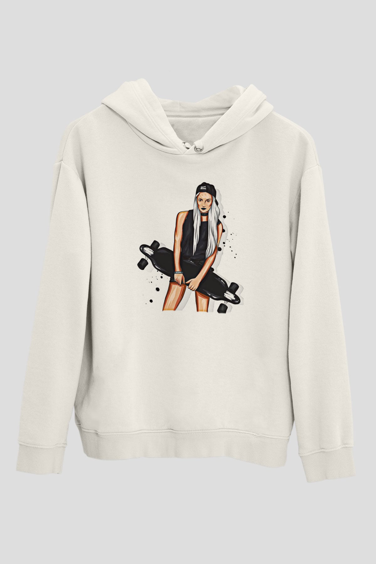 Kaykay Baskılı Unisex Ekru Hoodie