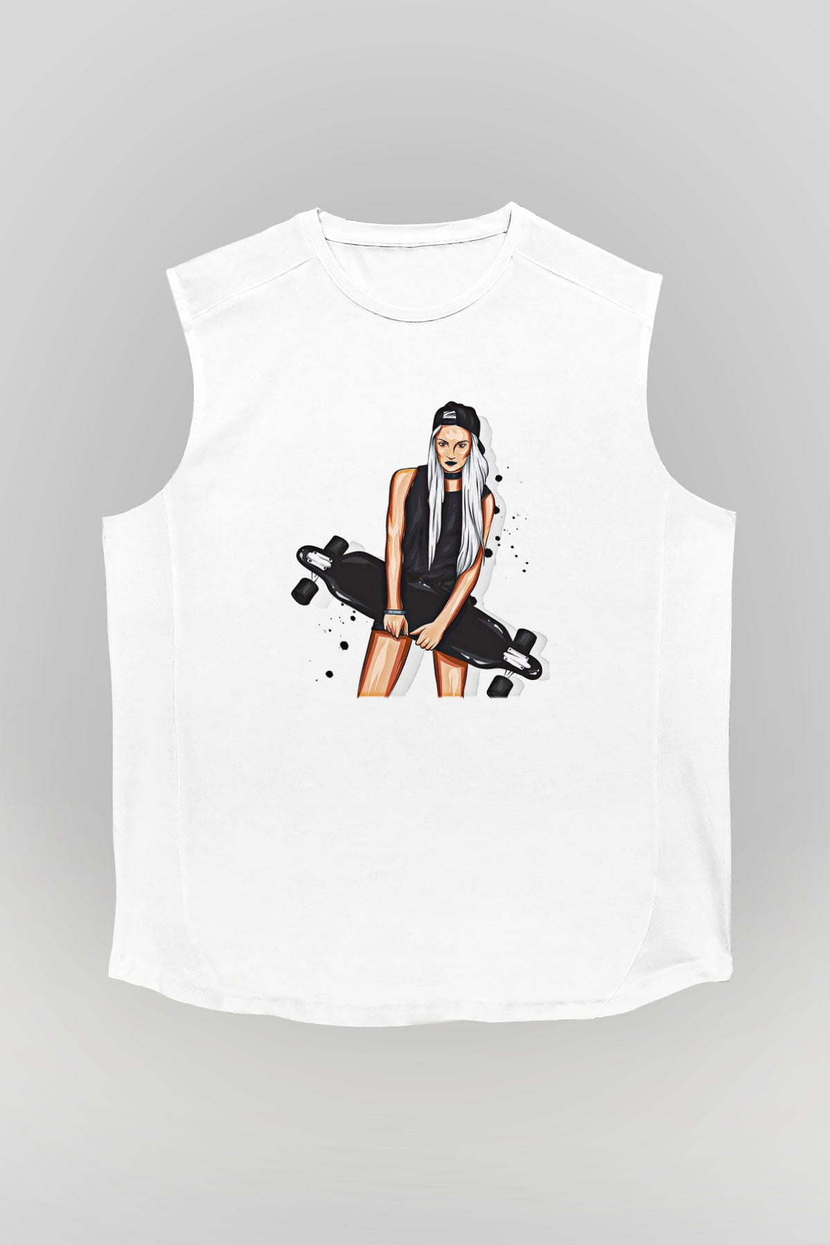 Kaykay Baskılı Unisex Kolsuz Beyaz Tişört