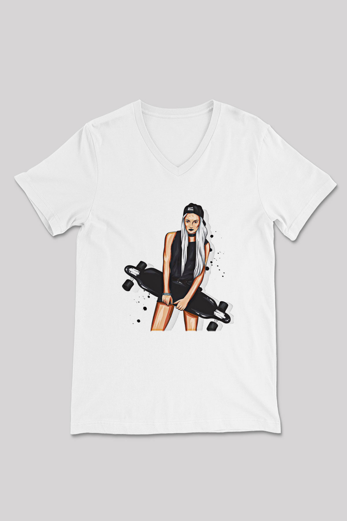 Kaykay Baskılı Unisex V Yaka Tişört - Tshirt