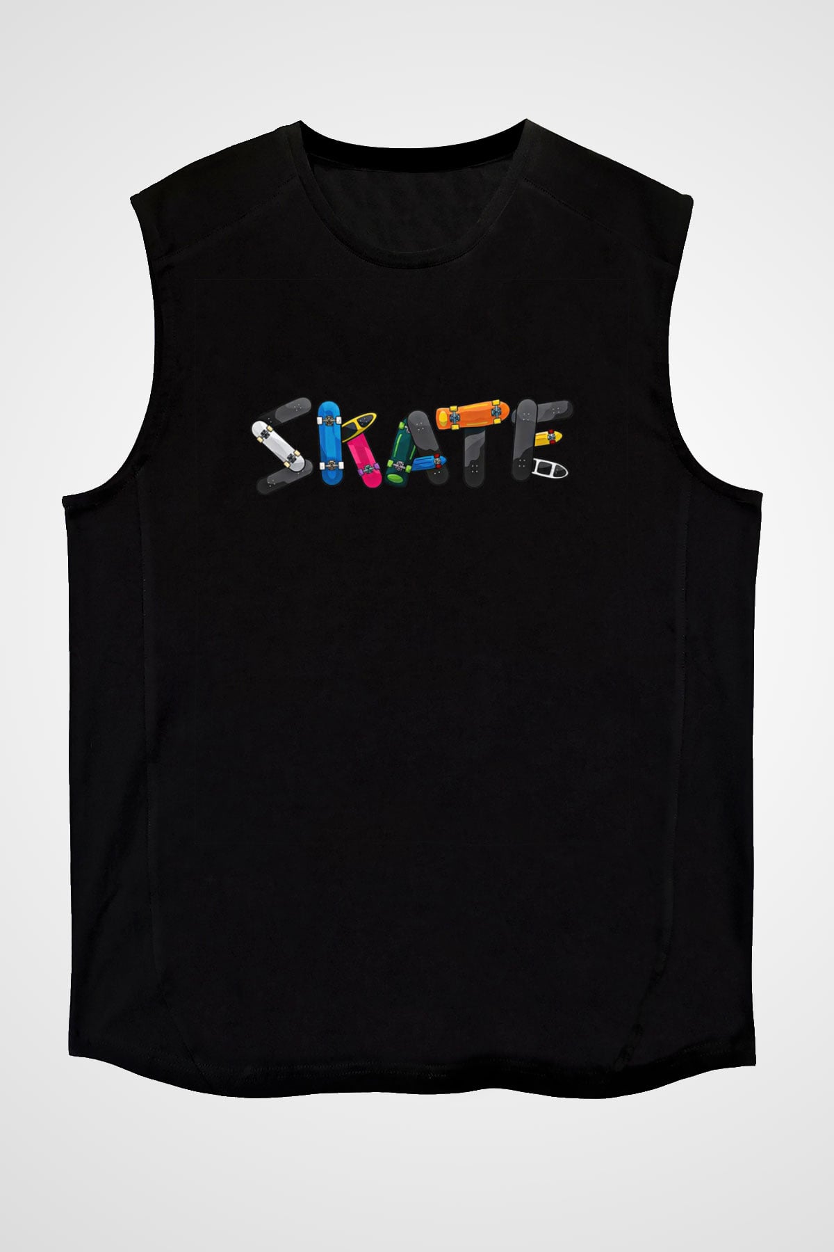 Kaykay - Skateboard Baskılı Unisex Siyah Kolsuz Tişört