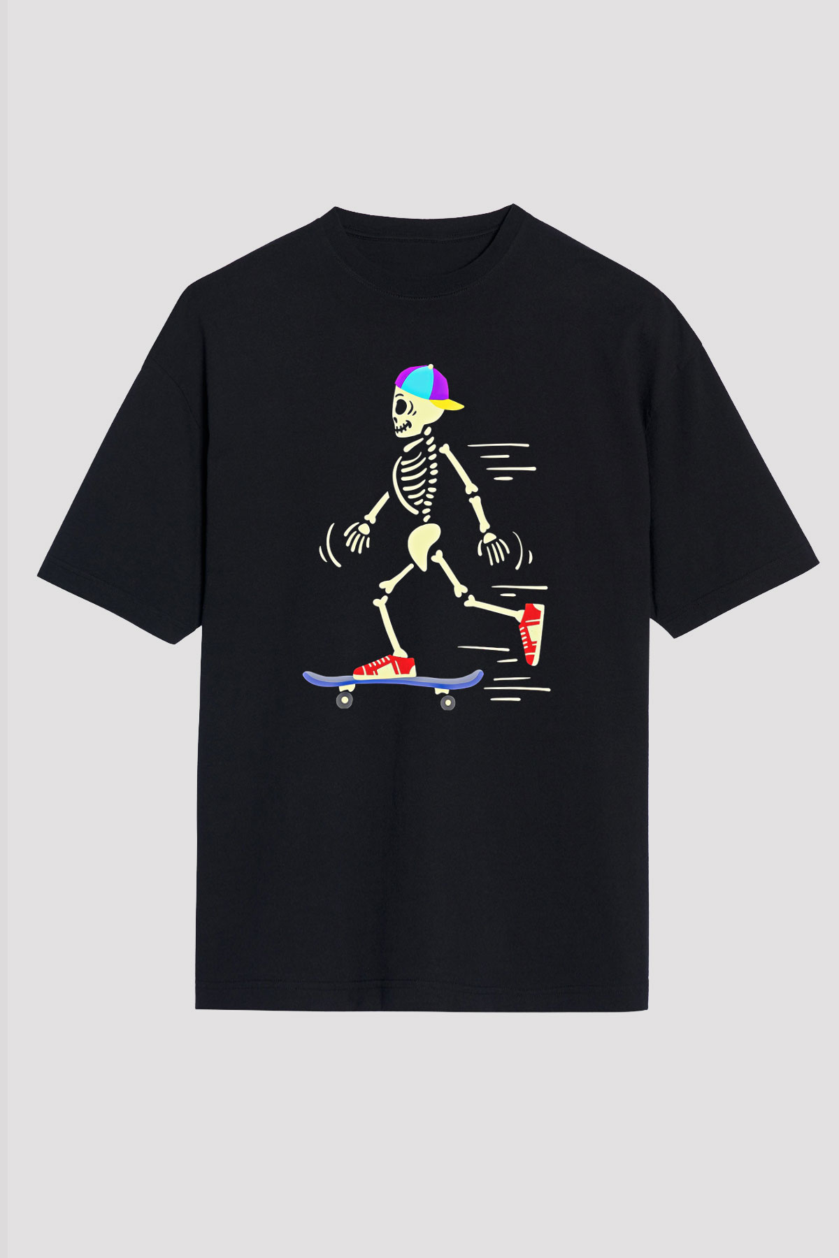 Kaykay - Skateboard Baskılı Unisex Siyah Oversize Tişört