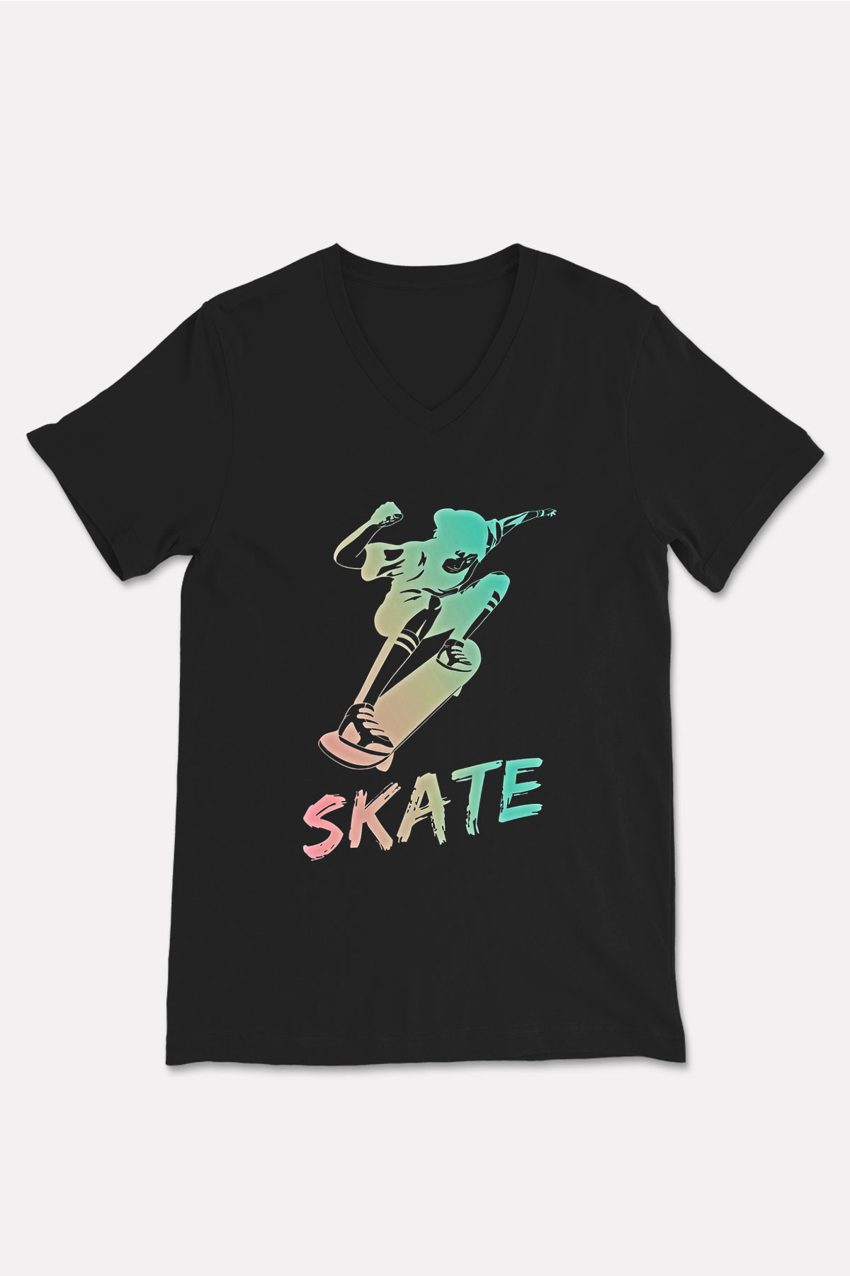 Kaykay - Skateboard Baskılı Unisex Siyah V Yaka Tişört