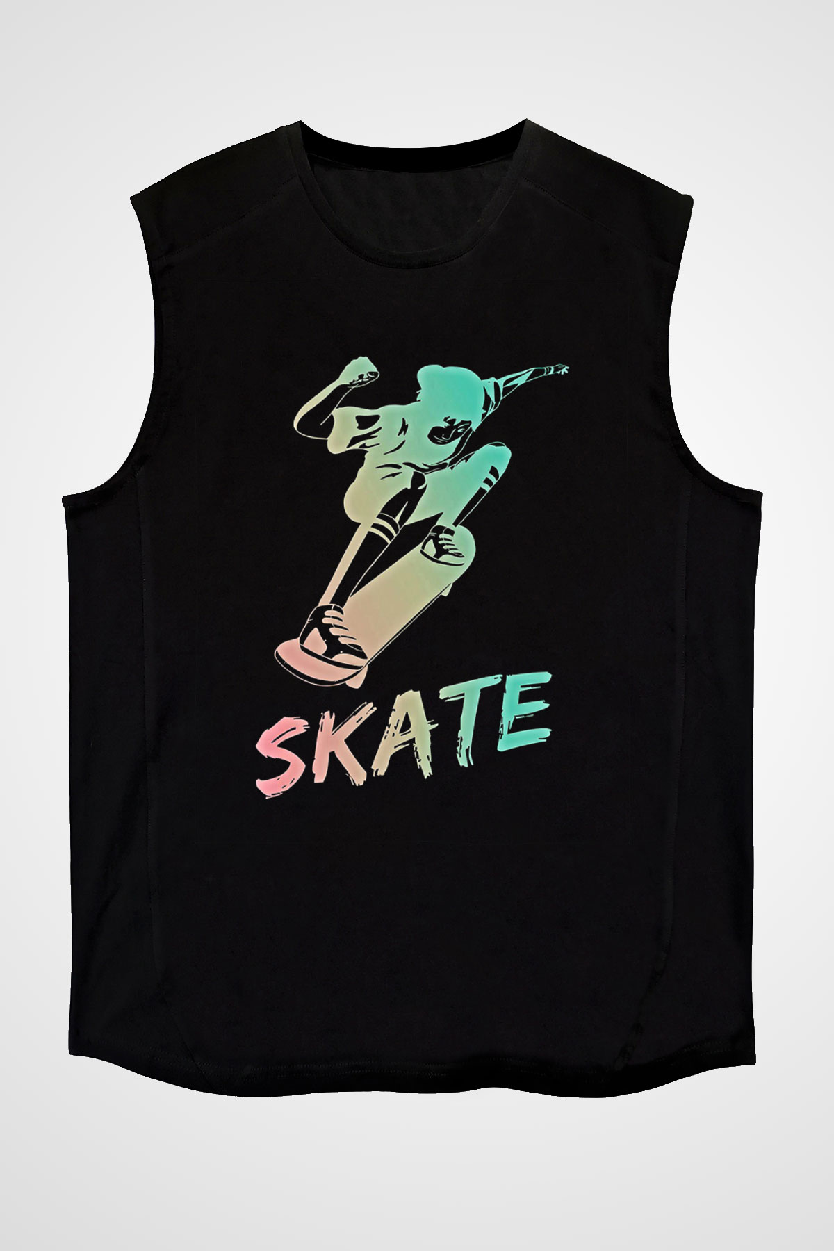 Kaykay - Skateboard Baskılı Unisex Siyah Kolsuz Tişört