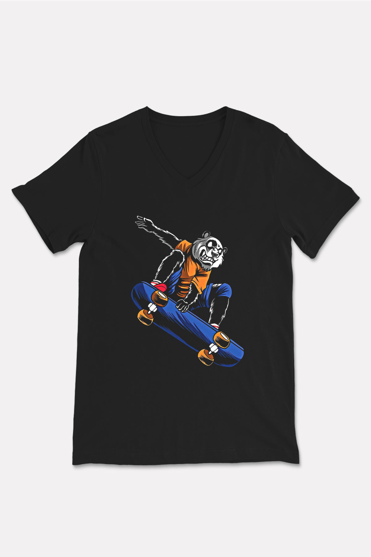 Kaykay - Skateboard Baskılı Unisex Siyah V Yaka Tişört