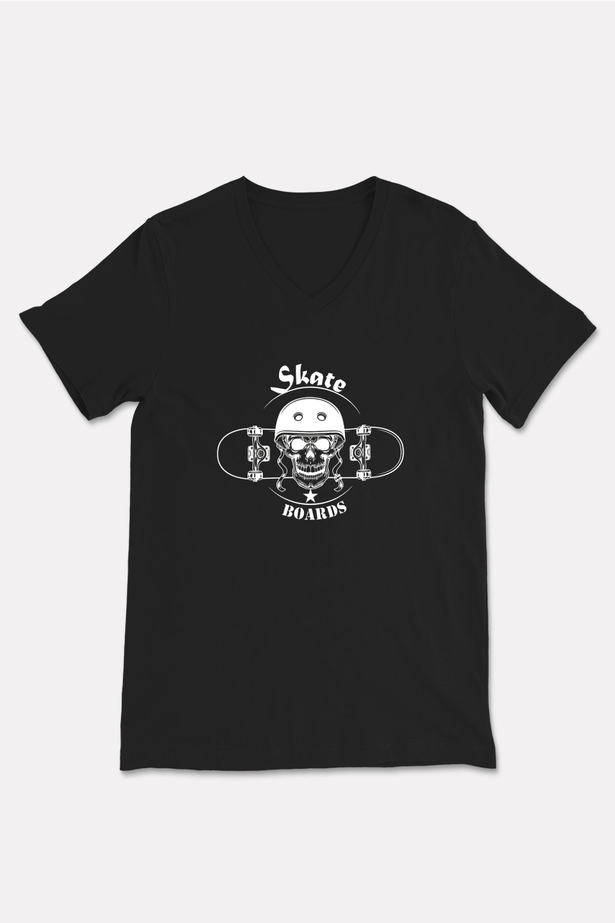 Kaykay - Skateboard Baskılı Unisex Siyah V Yaka Tişört