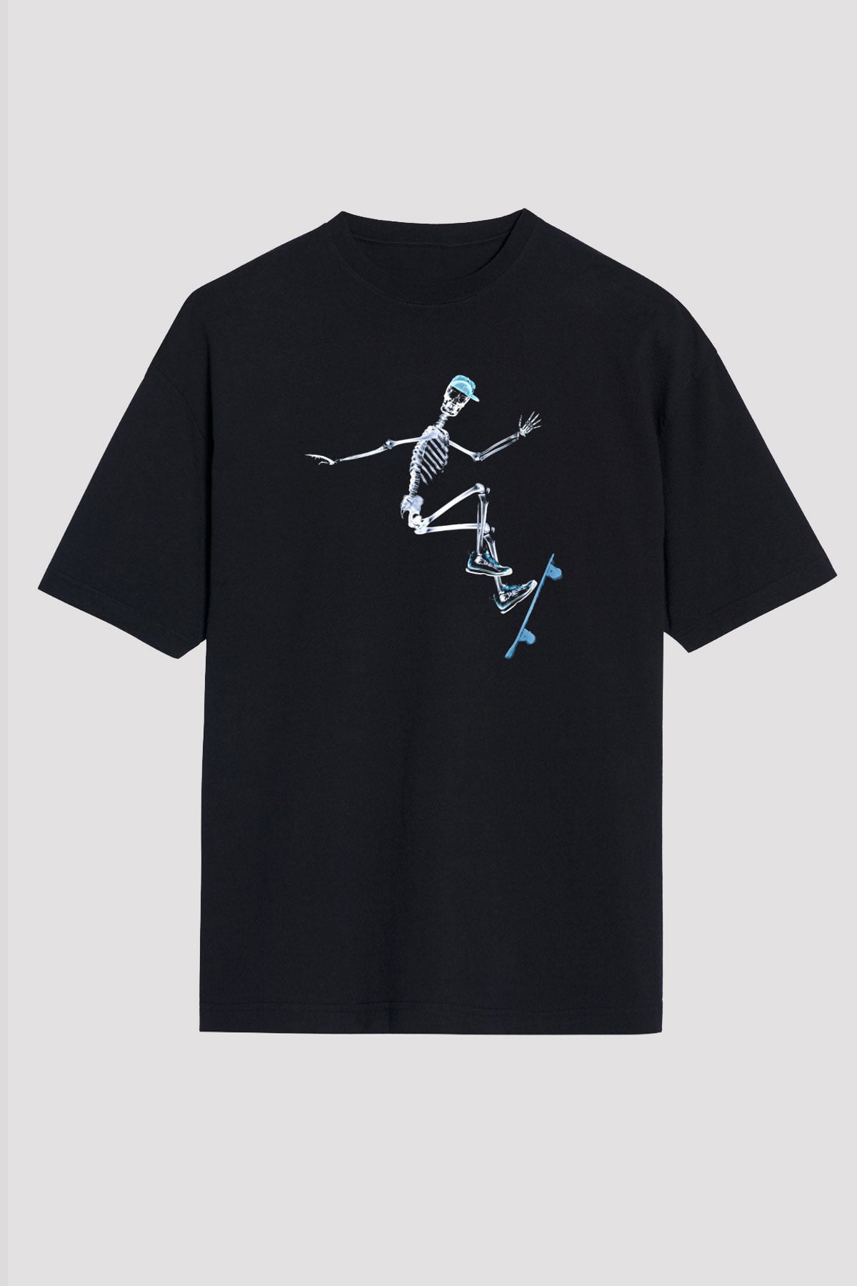 Kaykay - Skateboard Baskılı Unisex Siyah Oversize Tişört