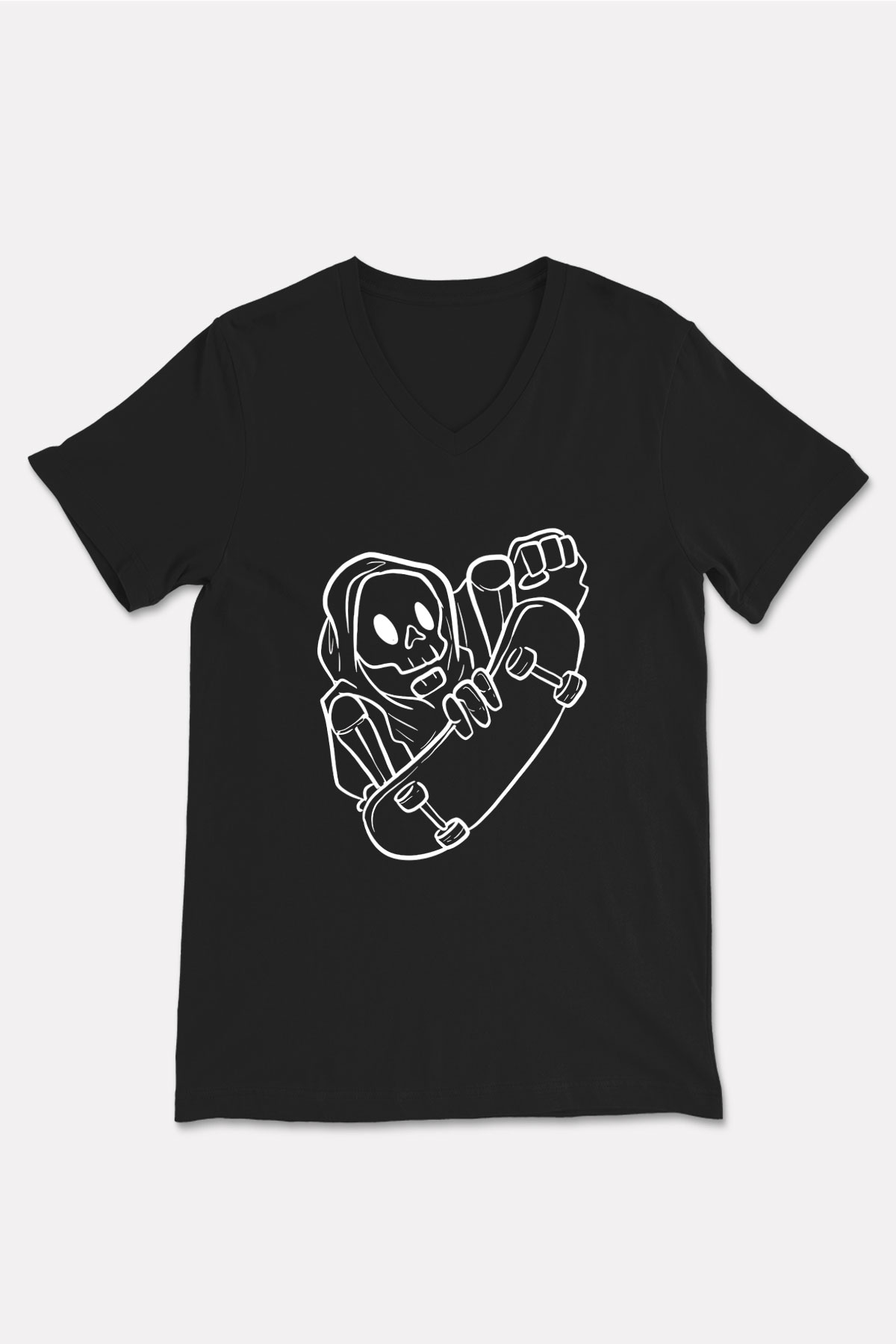 Kaykay - Skateboard Baskılı Unisex Siyah V Yaka Tişört