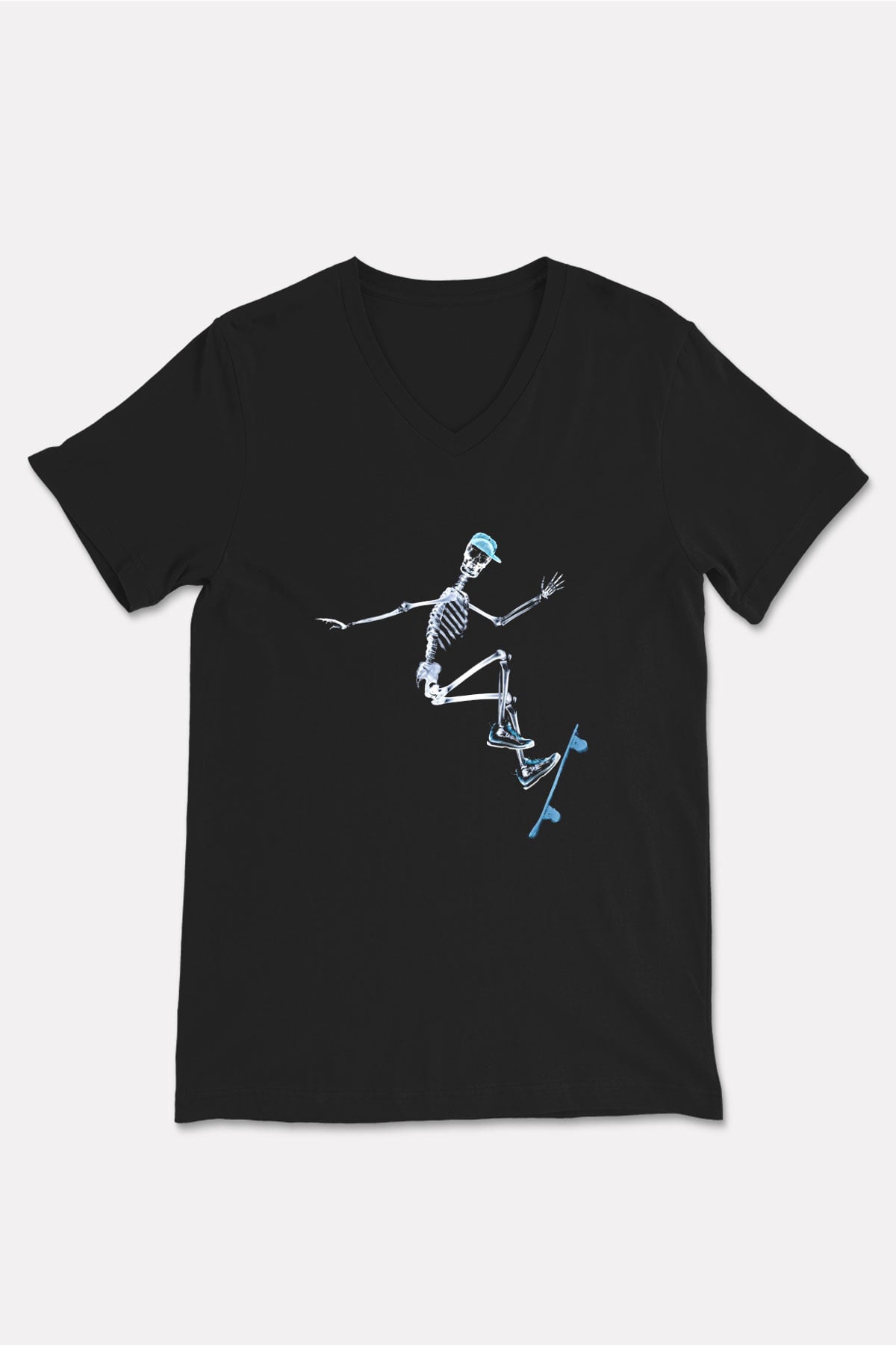 Kaykay - Skateboard Baskılı Unisex Siyah V Yaka Tişört