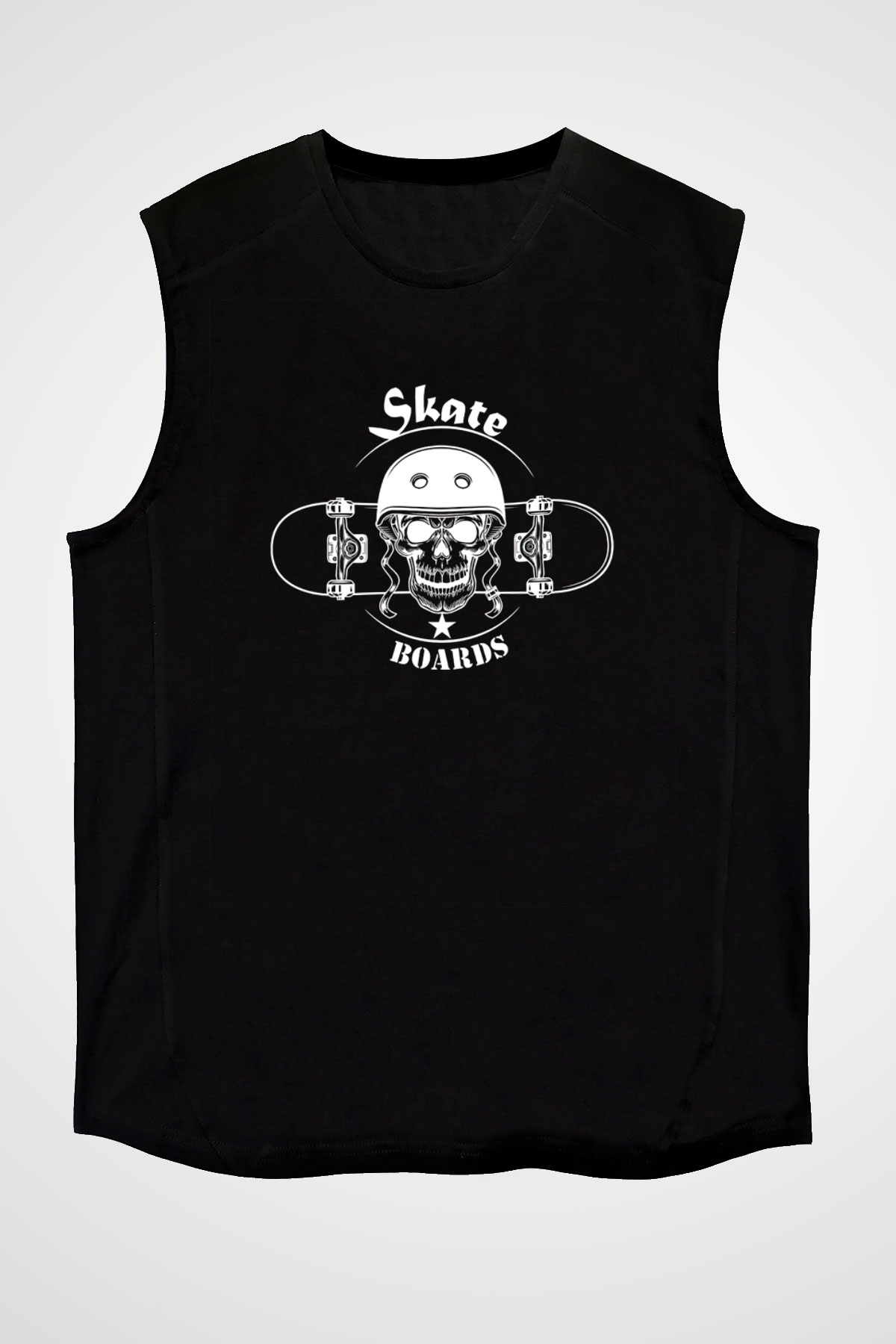 Kaykay - Skateboard Baskılı Unisex Siyah Kolsuz Tişört