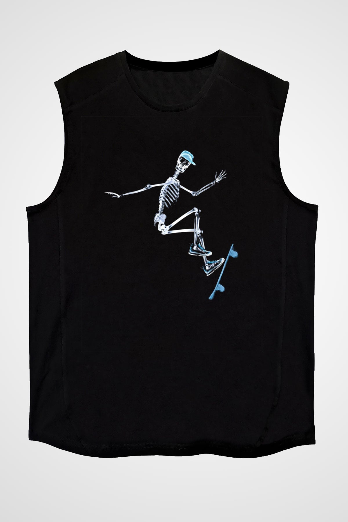 Kaykay - Skateboard Baskılı Unisex Siyah Kolsuz Tişört