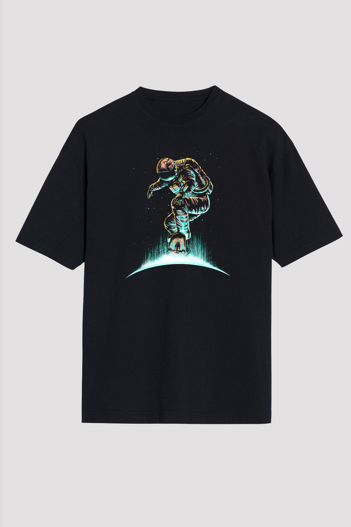Kaykay - Skateboard Baskılı Unisex Siyah Oversize Tişört