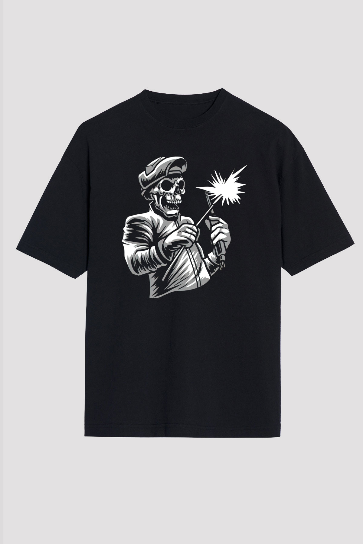 Kaynakçı İskelet Baskılı Unisex Siyah Tişört