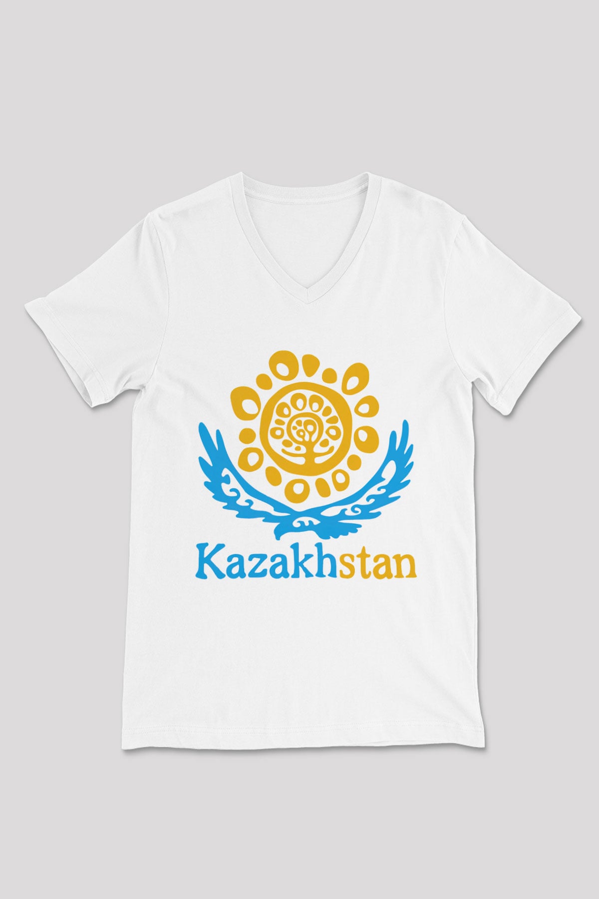 Kazakistan Beyaz Unisex V Yaka Tişört T-Shirt