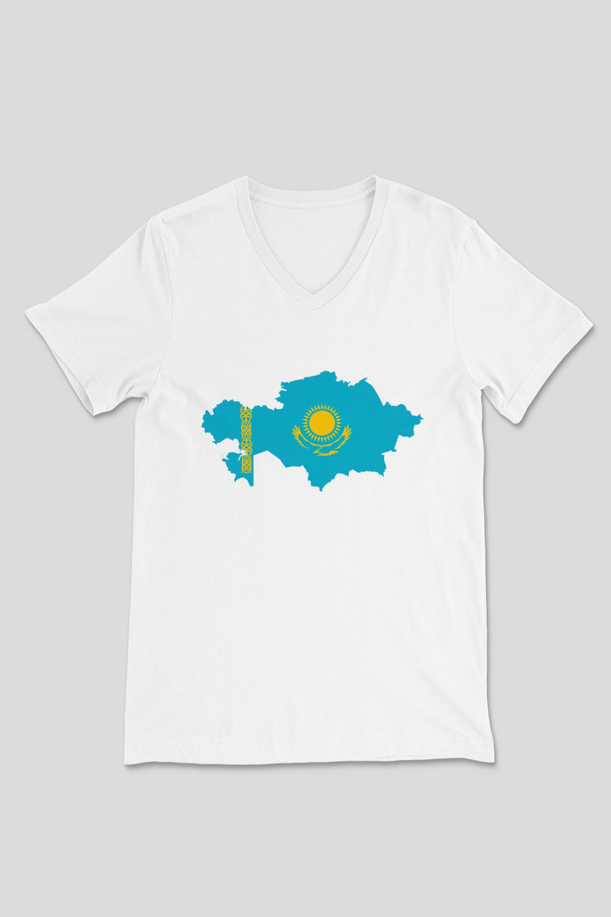 Kazakistan Beyaz Unisex V Yaka Tişört T-Shirt