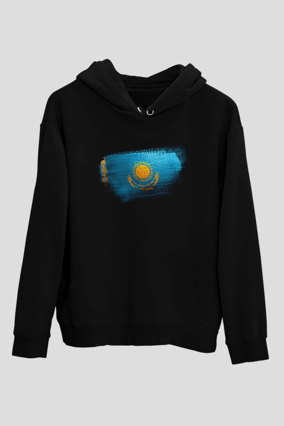 Kazakistan - Kazakhstan Bayrağı Baskılı Unisex Siyah Kapüşonlu Sweatshirt