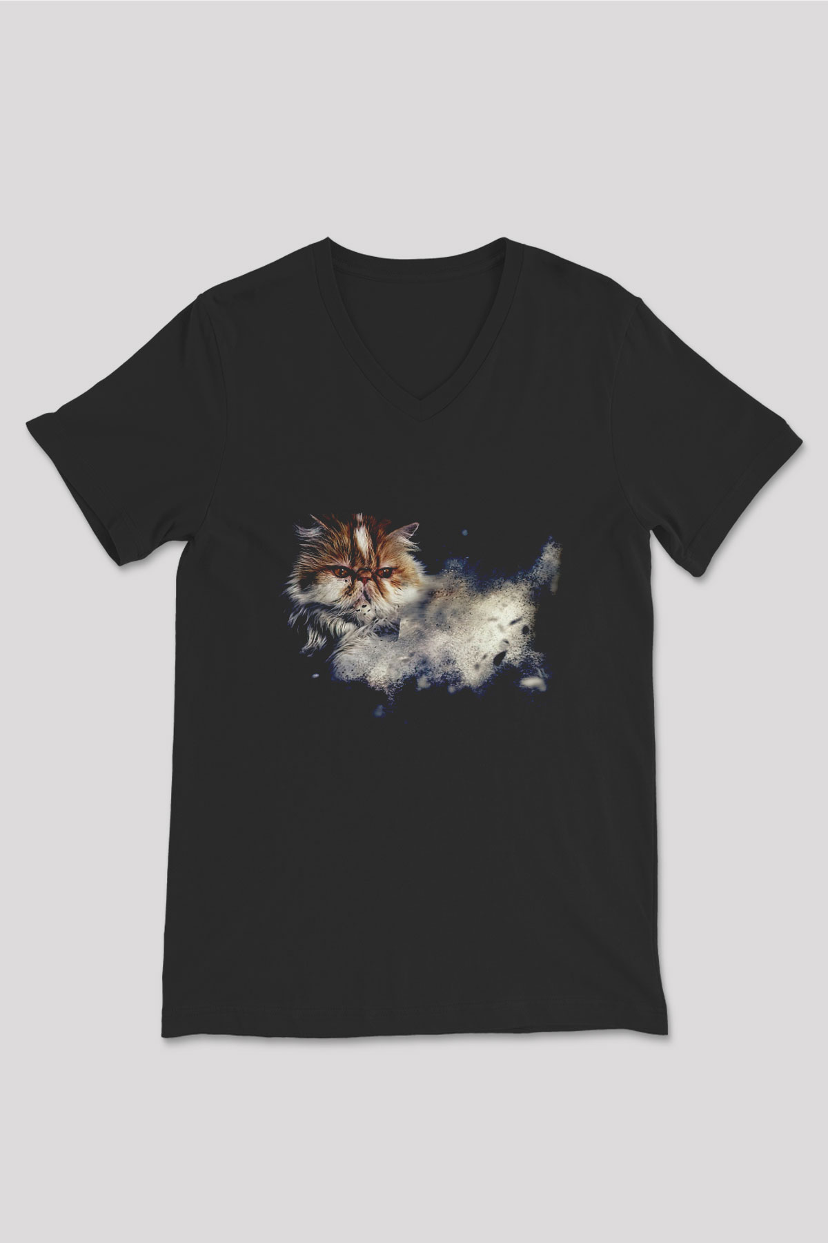 Kedi Baskılı Unisex Siyah  V Yaka Tişört