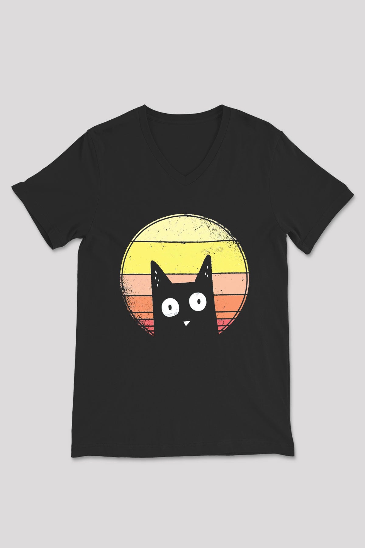 Kedi Baskılı Unisex Siyah  V Yaka Tişört