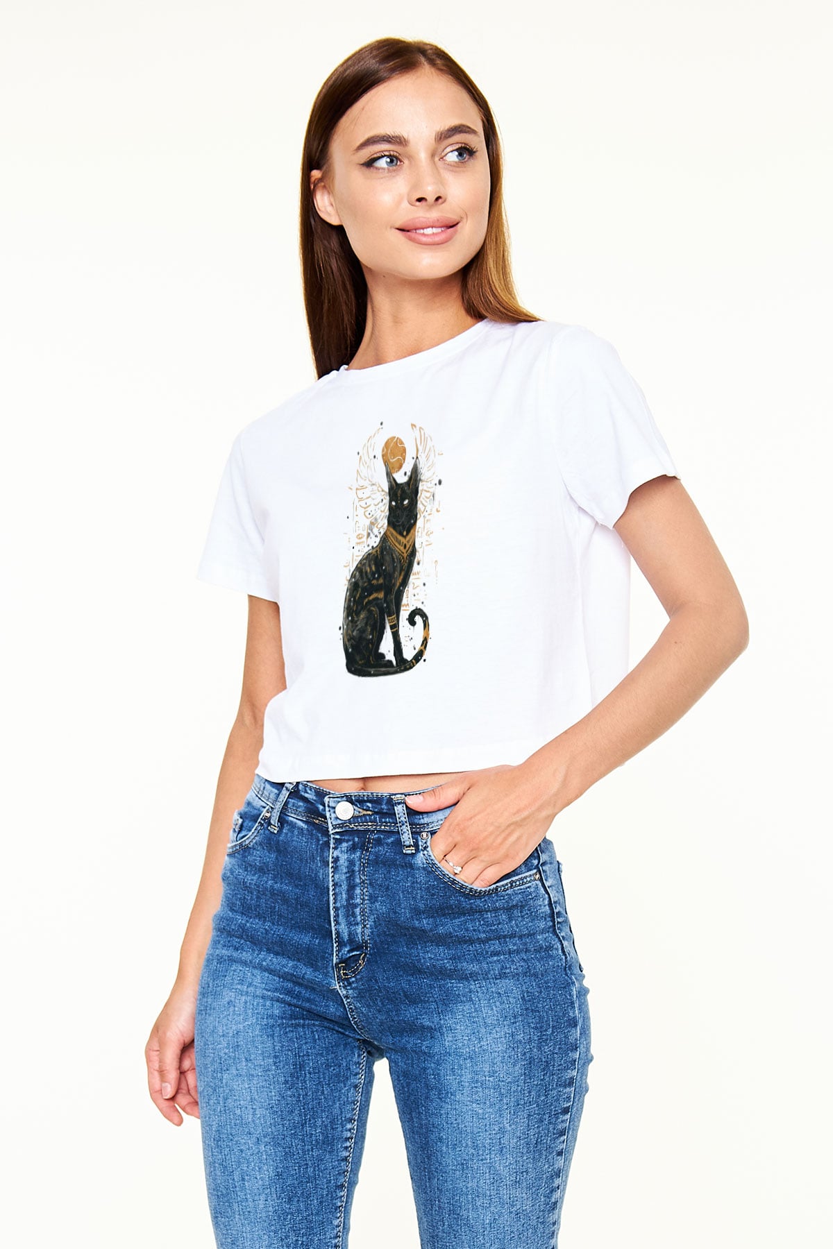 Kedi Beyaz  Crop Top Tişört