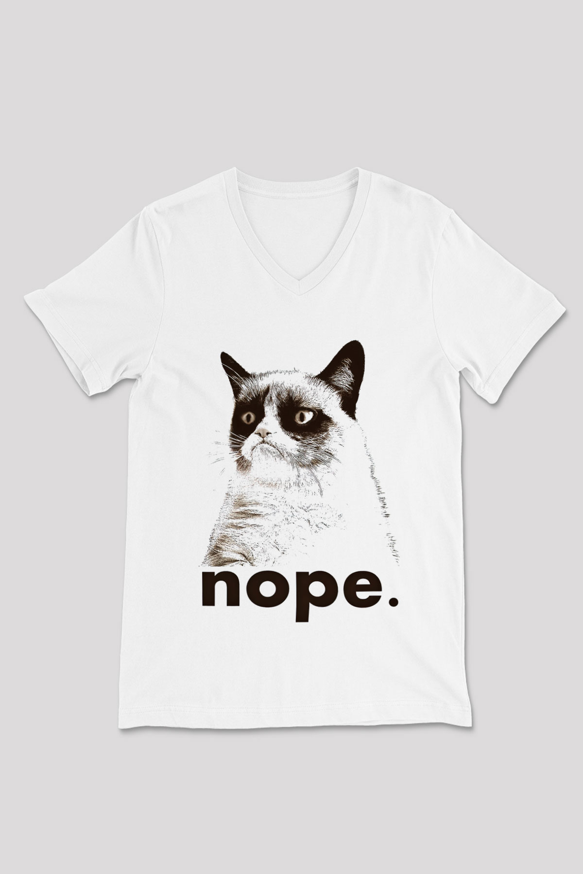 Kedi Beyaz Unisex V Yaka Tişört T-Shirt