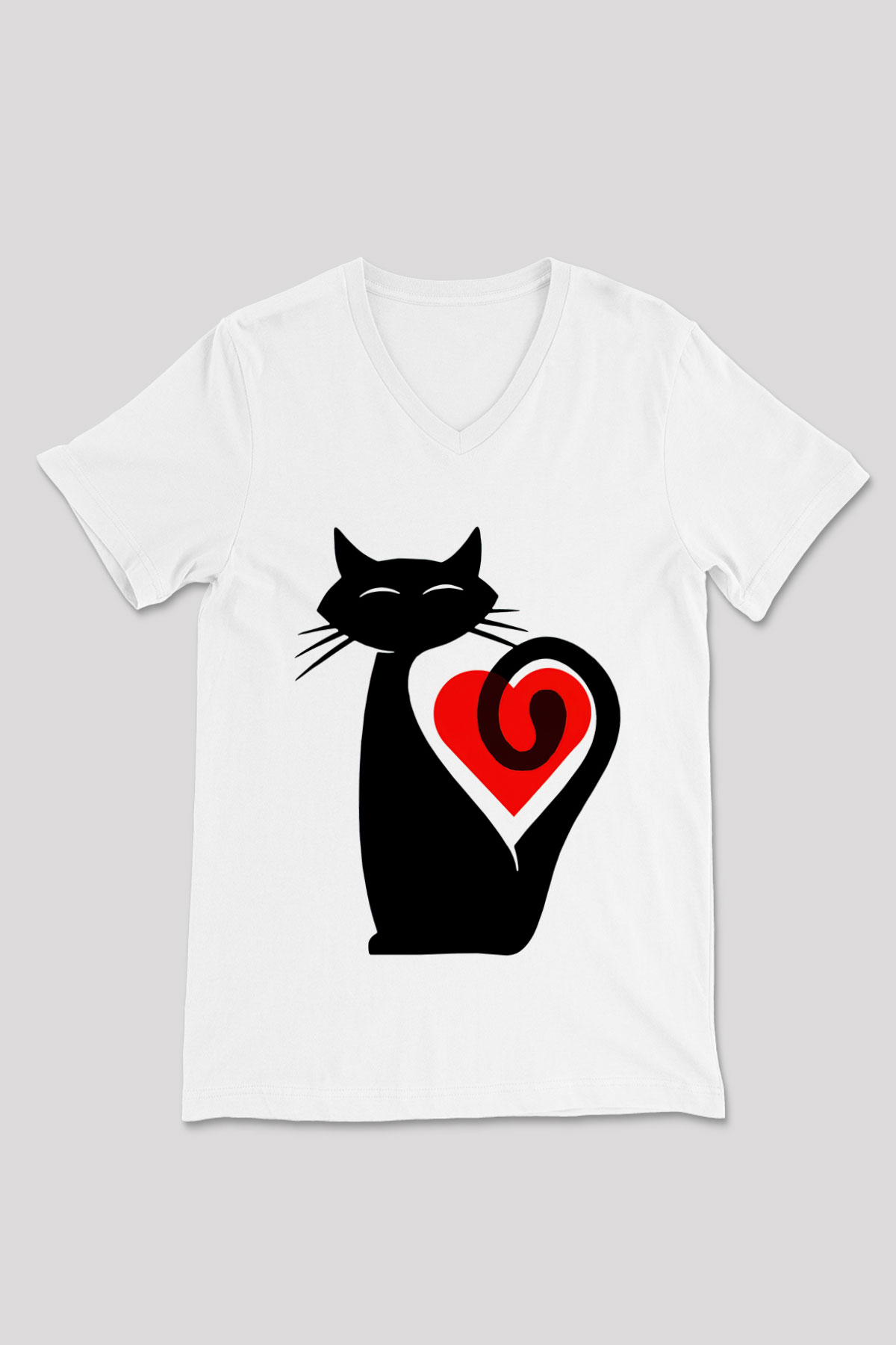 Kedi Beyaz Unisex V Yaka Tişört T-Shirt