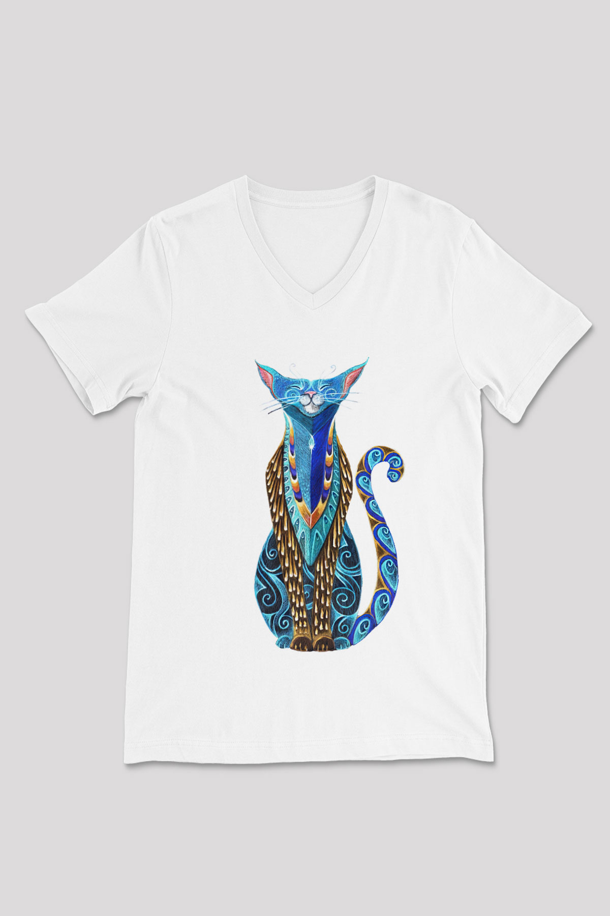 Kedi Beyaz Unisex V Yaka Tişört T-Shirt