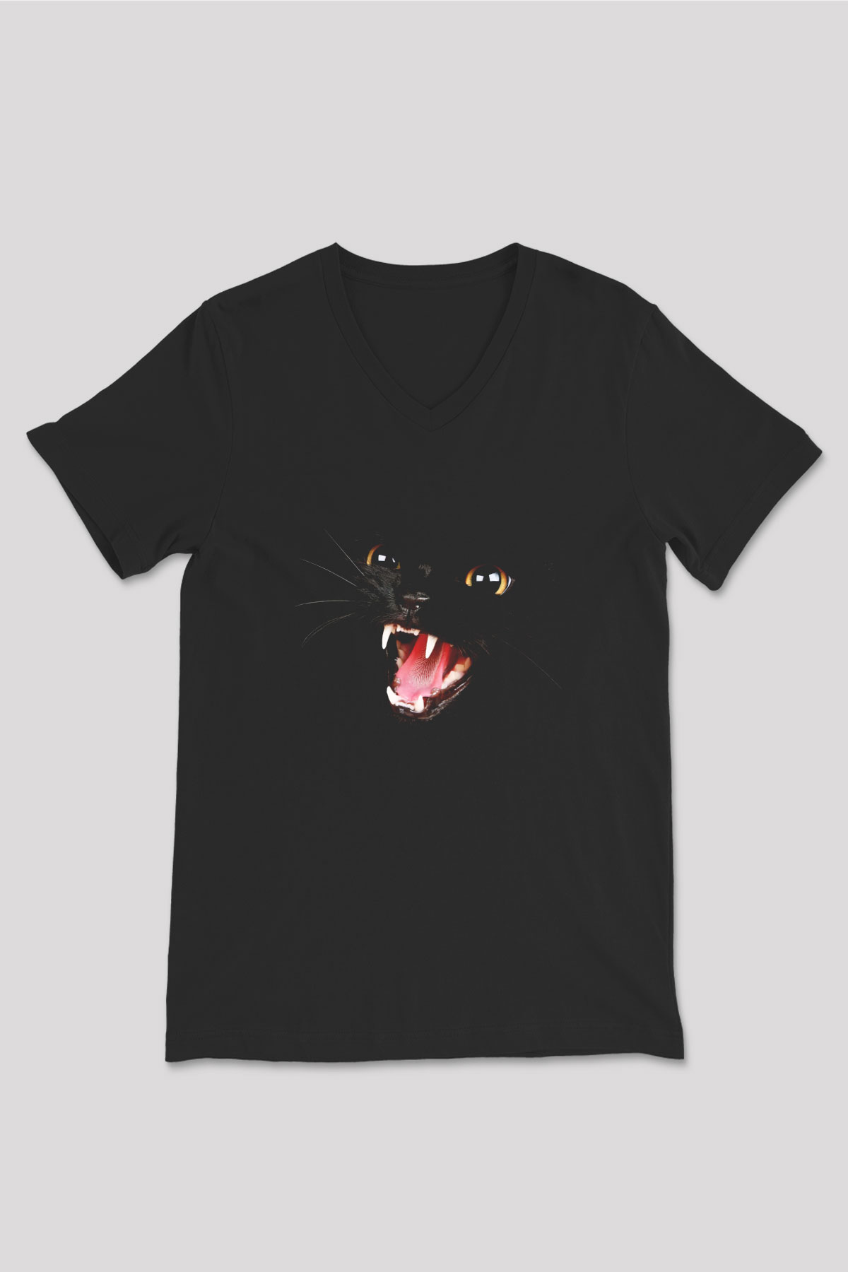 Kedi Siyah Unisex V Yaka Tişört T-Shirt
