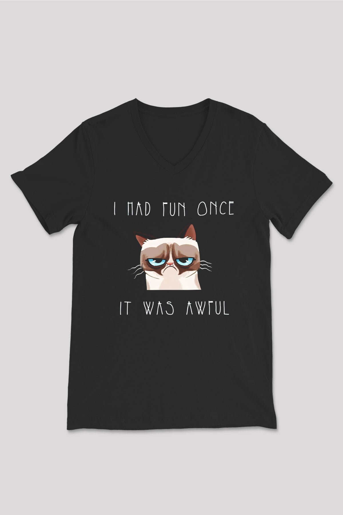 Kedi Siyah Unisex V Yaka Tişört T-Shirt