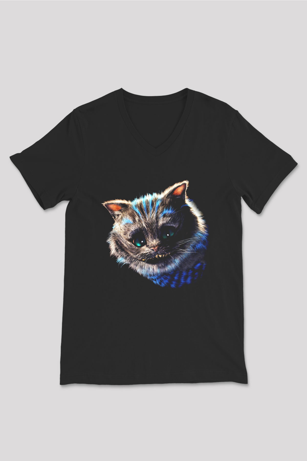 Kedi Siyah Unisex V Yaka Tişört T-Shirt
