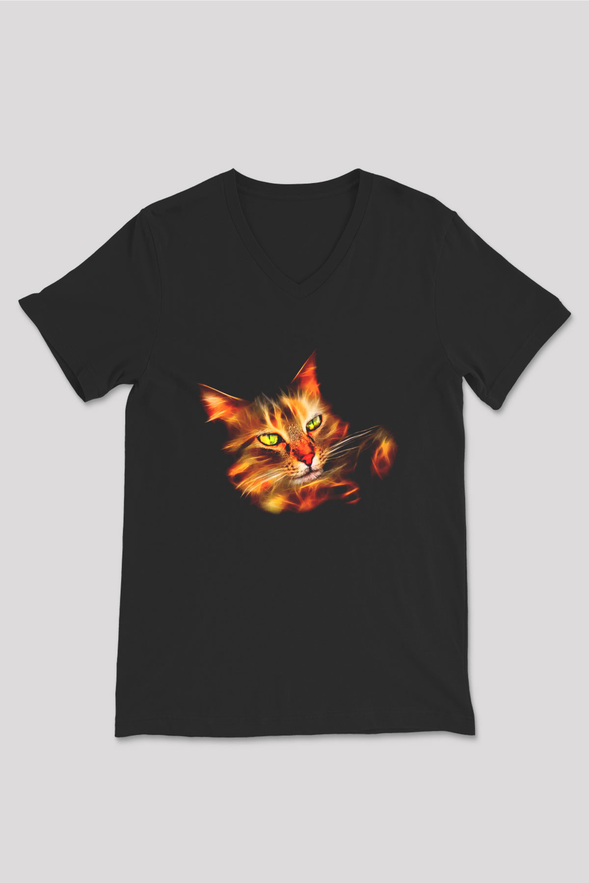 Kedi Siyah Unisex V Yaka Tişört T-Shirt
