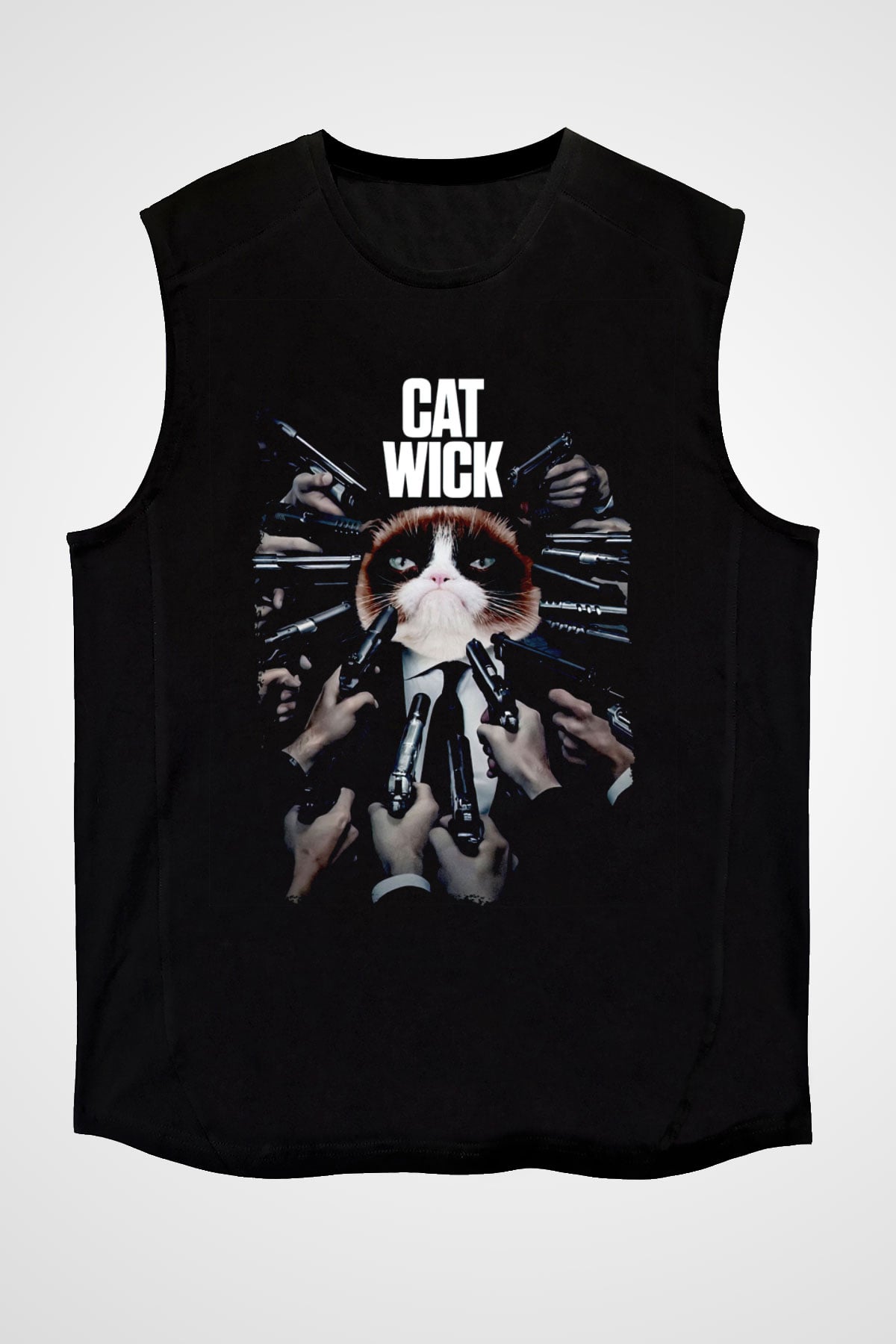 Kedi Wick Baskılı Unisex Siyah  Kolsuz Tişört