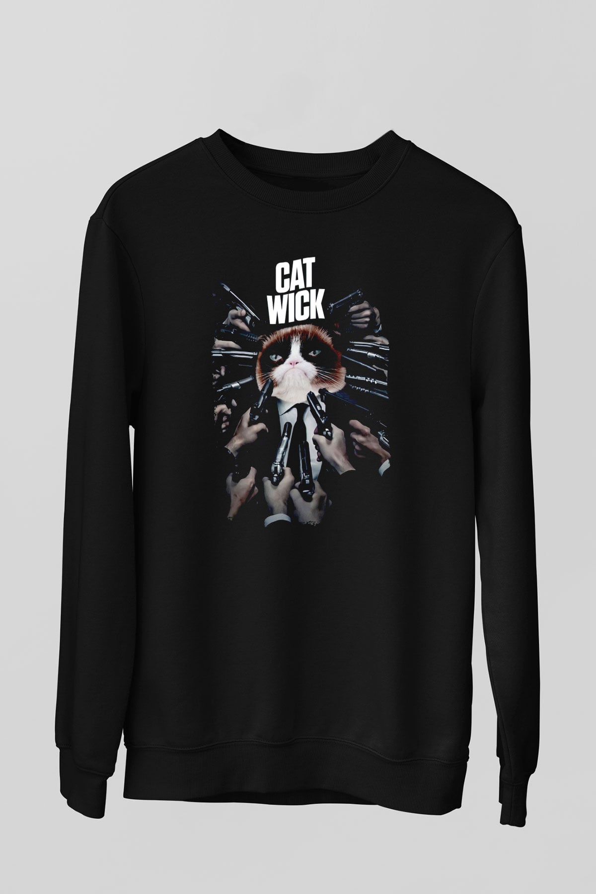 Kedi Wick Baskılı Unisex Siyah  Sweatshirt