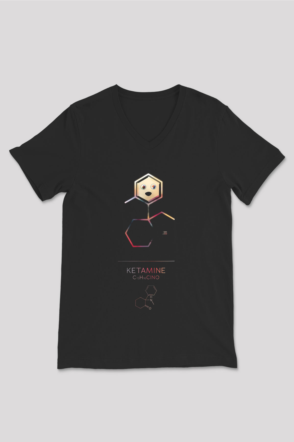 Ketamin Molekülü Baskılı Unisex V Yaka Siyah Tİşört - Tshirt