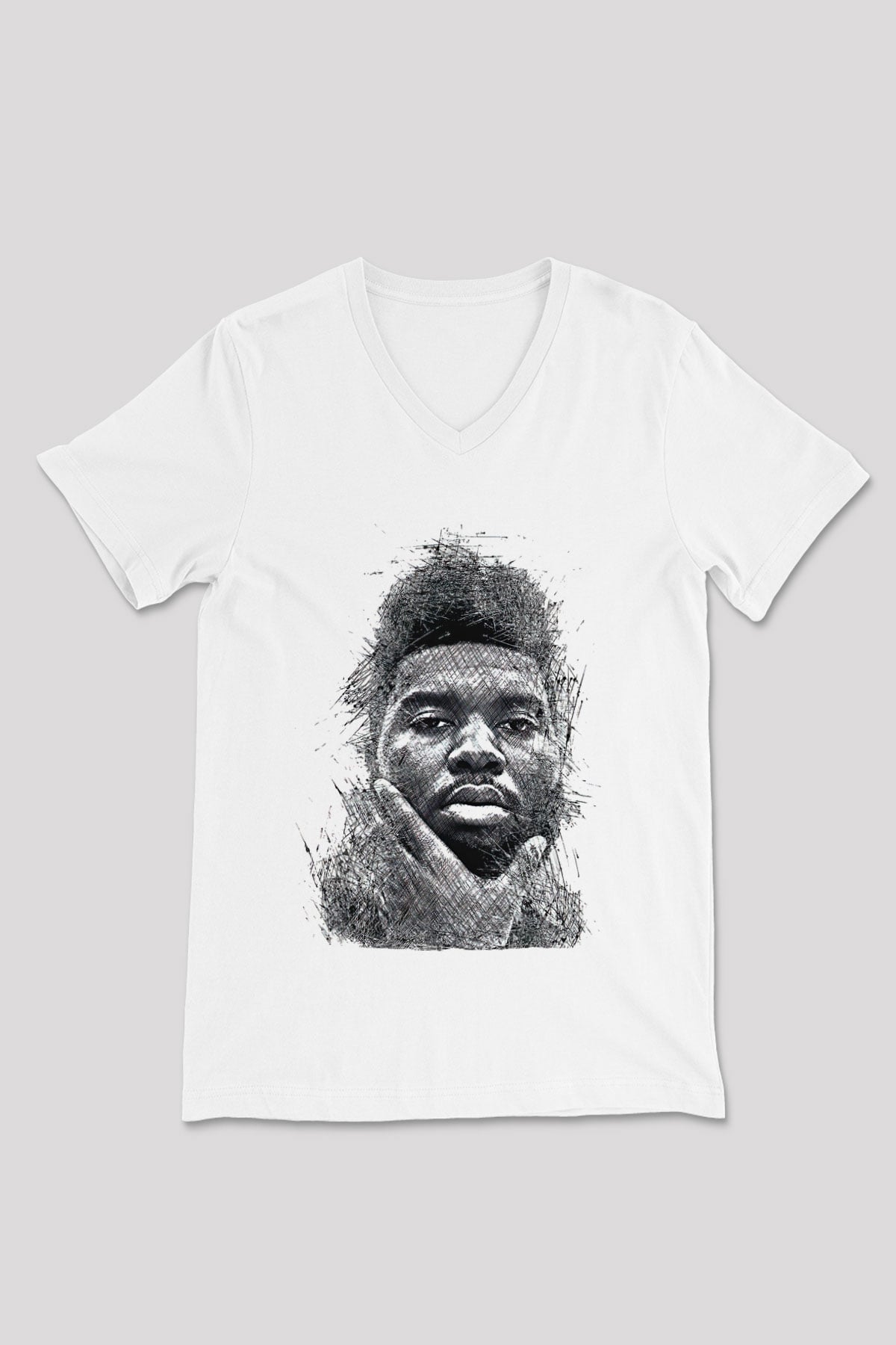 Khalid Baskılı Beyaz Unisex V Yaka Tişört - Tshirt