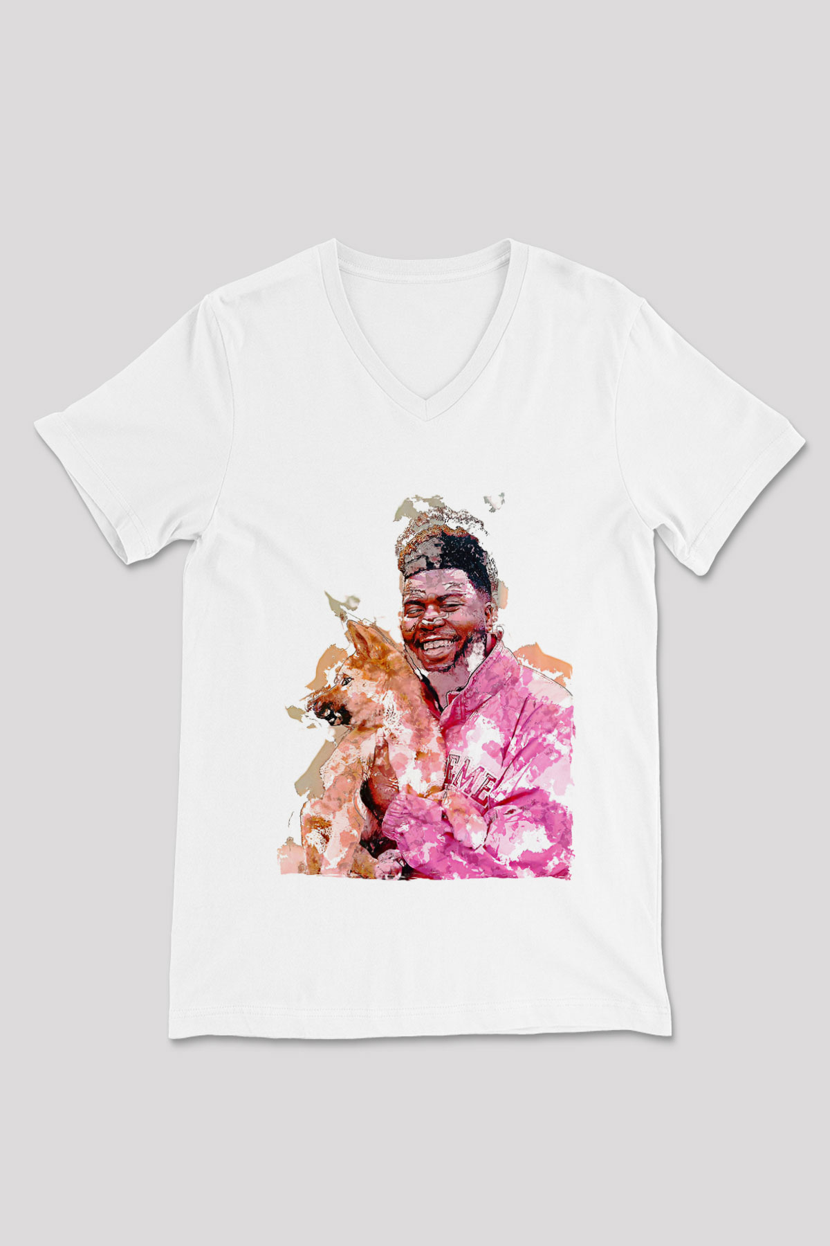 Khalid Baskılı Beyaz Unisex V Yaka Tişört - Tshirt