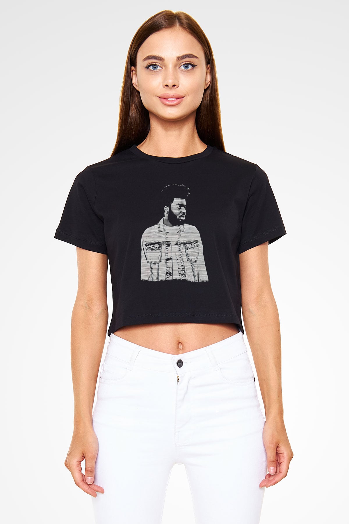 Khalid Baskılı Siyah Crop Top Kadın Tişört - Tshirt