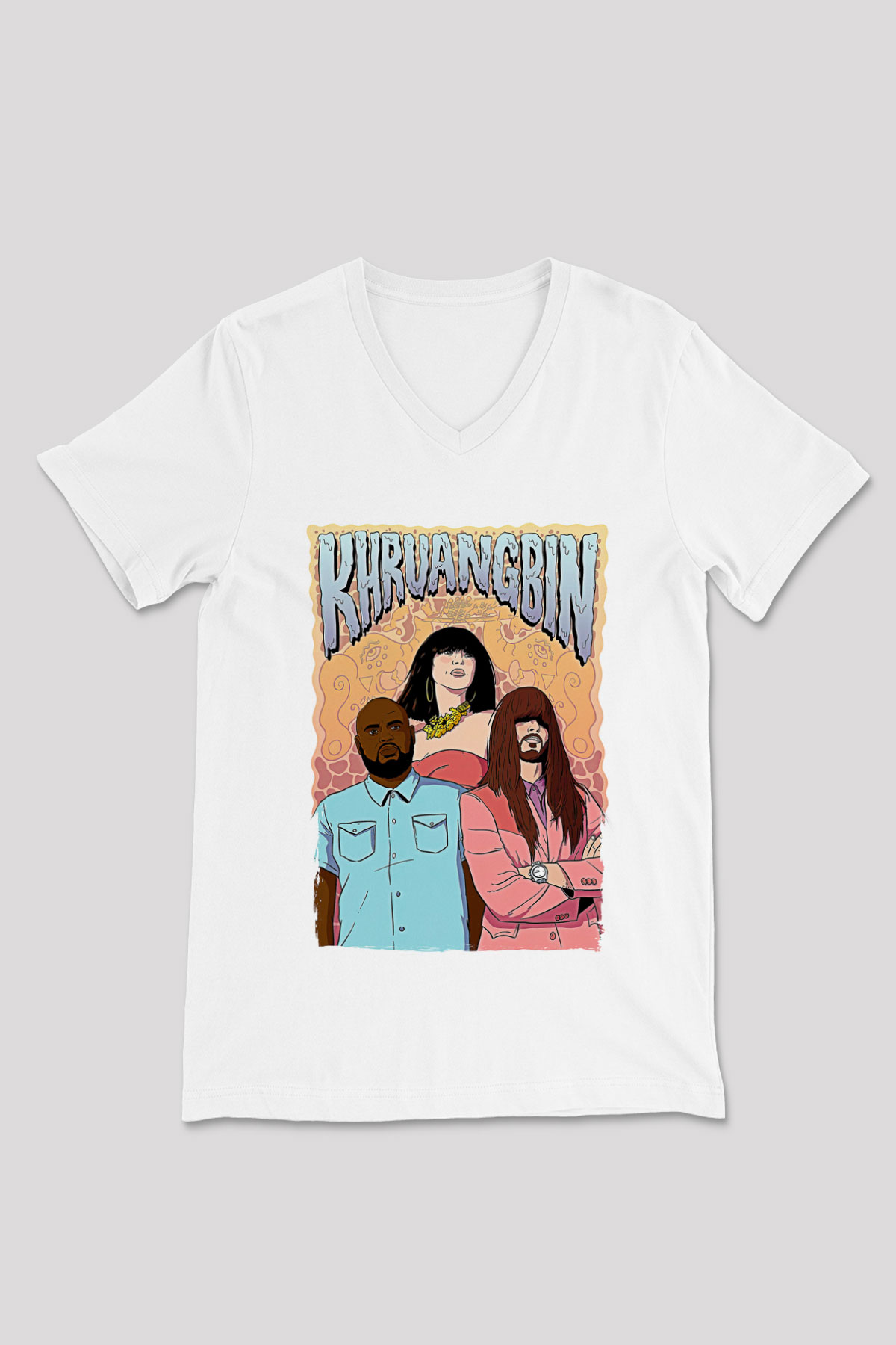 Khruanybin Baskılı Beyaz Unisex V Yaka Tişört - Tshirt