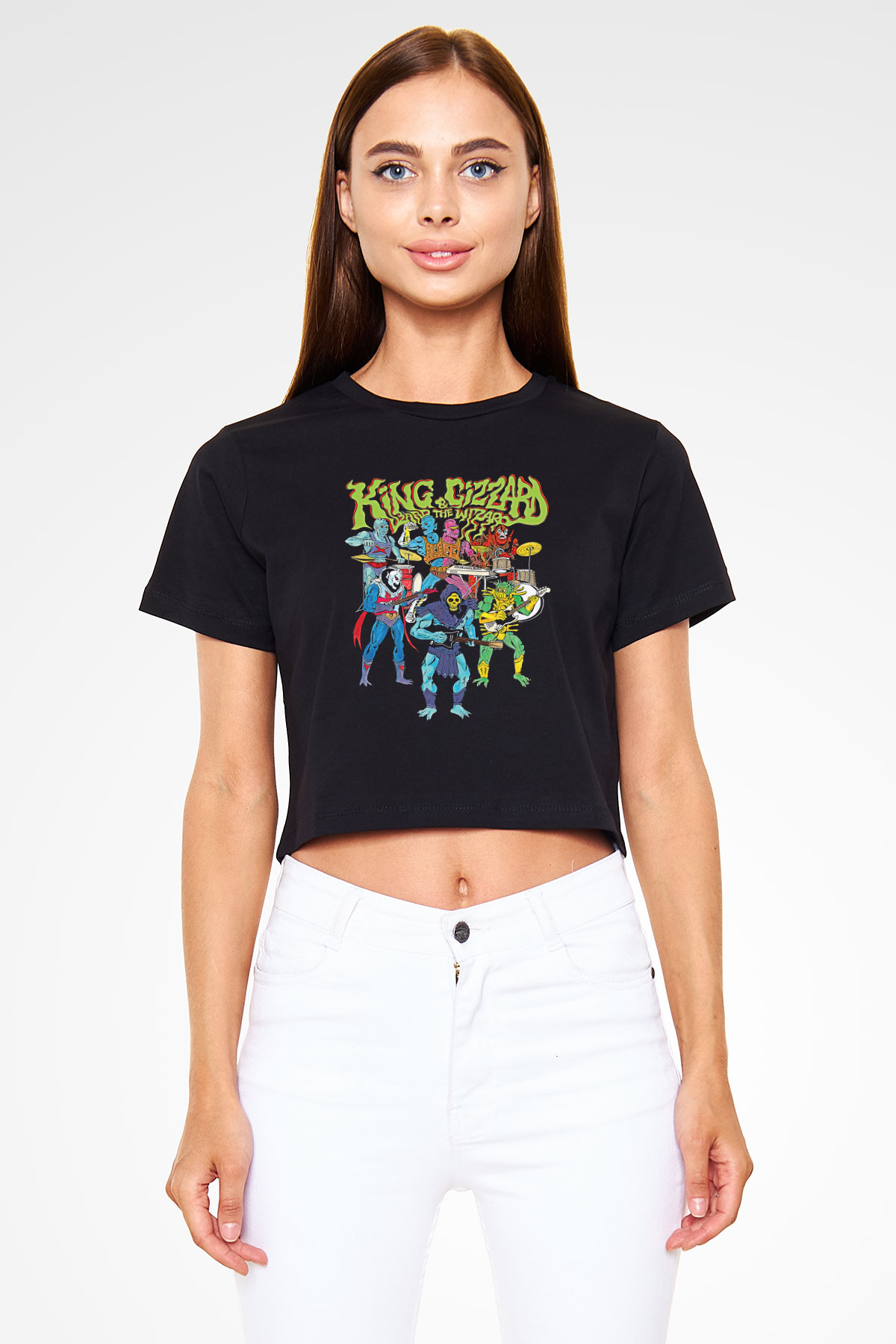 Khruanybin Baskılı Siyah Crop Top Kadın Tişört - Tshirt