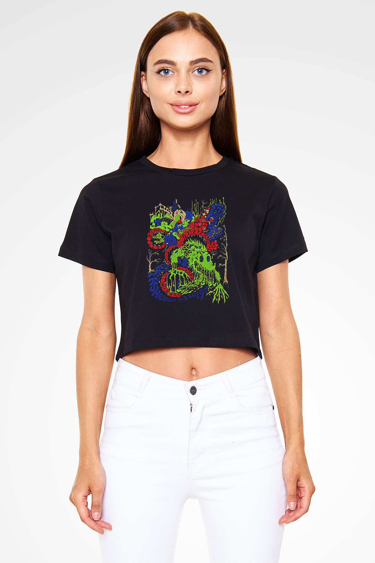 Khruanybin Baskılı Siyah Crop Top Kadın Tişört - Tshirt