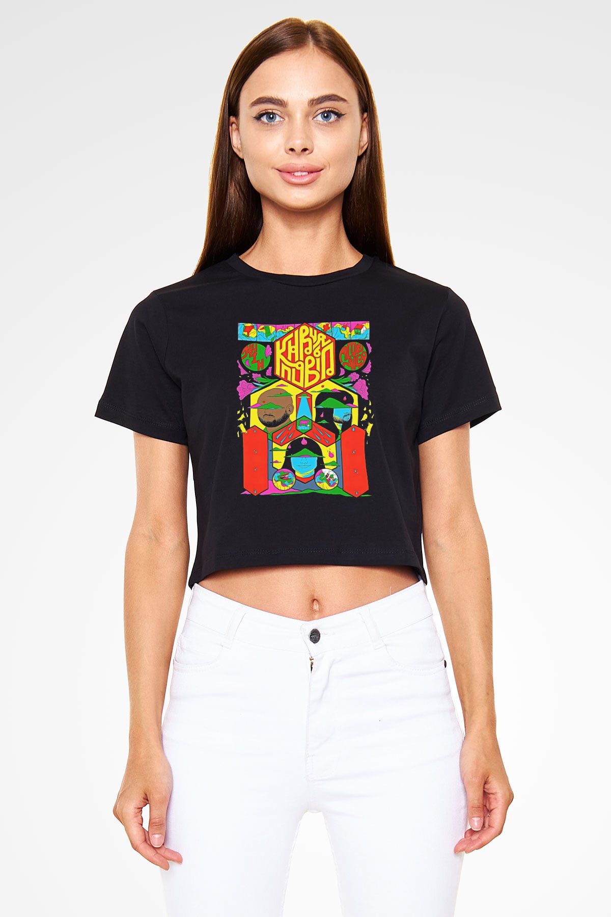 Khruanybin Baskılı Siyah Crop Top Kadın Tişört - Tshirt