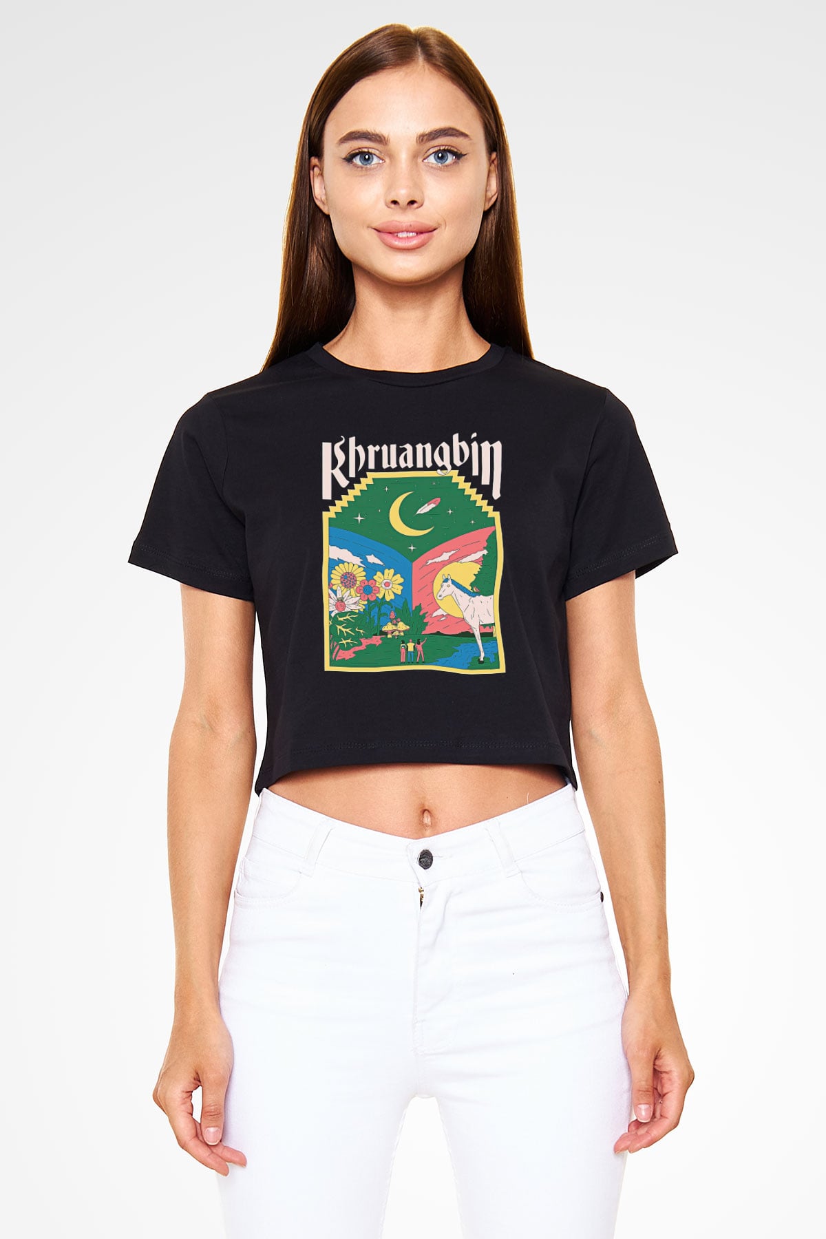 Khruanybin Baskılı Siyah Crop Top Kadın Tişört - Tshirt
