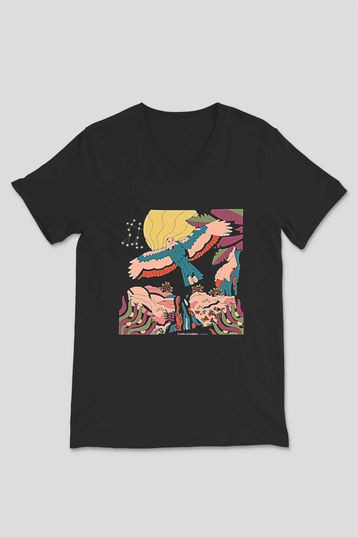 Khruanybin Baskılı Unisex Siyah V Yaka Tişört - Tshirt